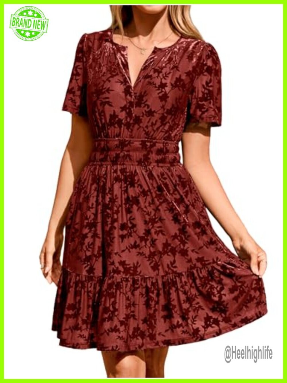 Velvet Short Sleeve V Neck Mini Dress with Pockets
